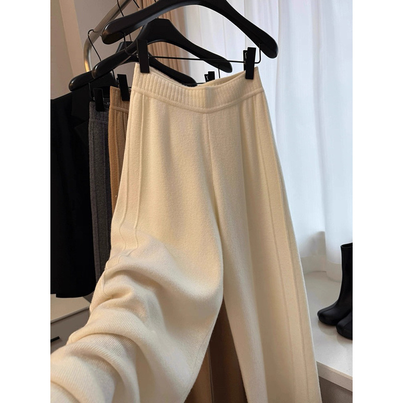 In-Stock Manufacturer Wholesale Knitted Wide-Leg Pants for Women, Lazy Style with Drape, Loose Straight-Leg Sweatpants, Rice Noodle Floor-Length Pants
