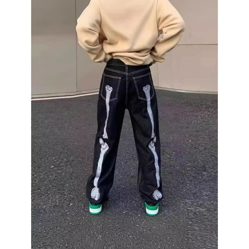 Y2K Street Style Skull Black Jeans for Men, Hip-Hop Loose Harajuku Casual Floor-Length Jeans Y2K Street Style Skull Black Jeans for Men, Hip-Hop Loose Harajuku Casual Floor-Length Jeans