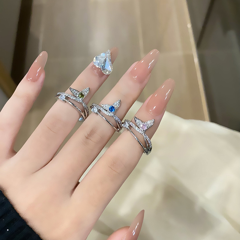 簡約風韓版魚尾彩鋯開口戒指女時尚百搭氣質高級感小眾個性食指戒