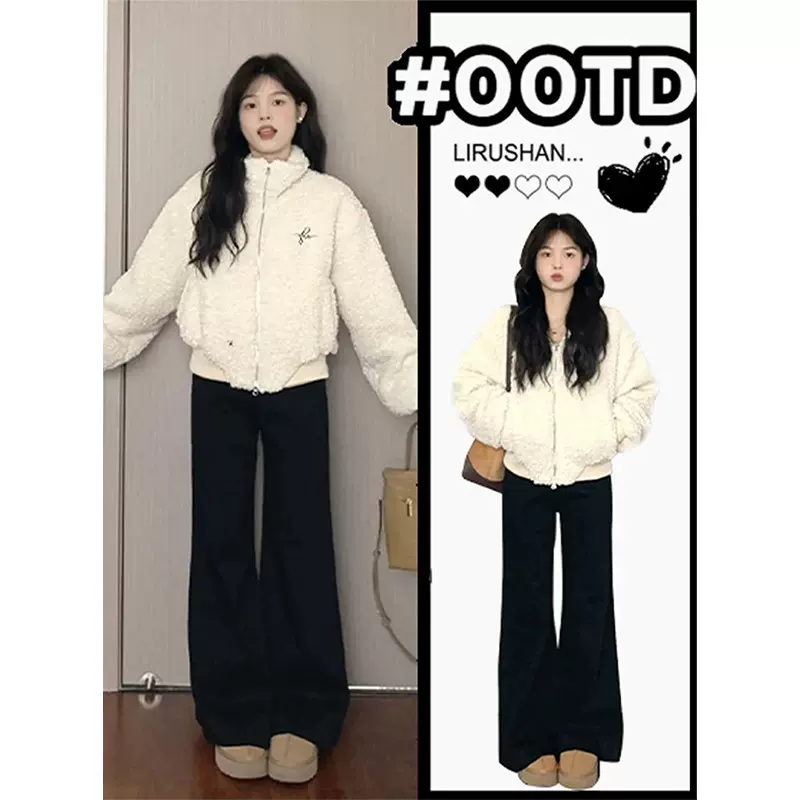 白色冬天短款摇粒绒加绒厚外套女秋冬羊羔绒小个子羊羔绒毛毛上衣