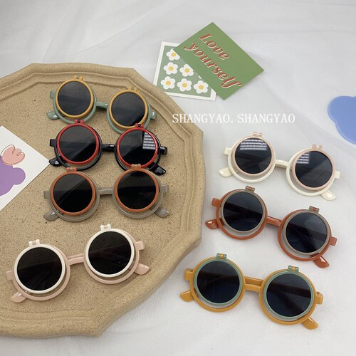 Children's foldable sunglasses, cute unisex baby glasses, personalized round-frame sunglasses for travel, trendy kids' photo sunglasses