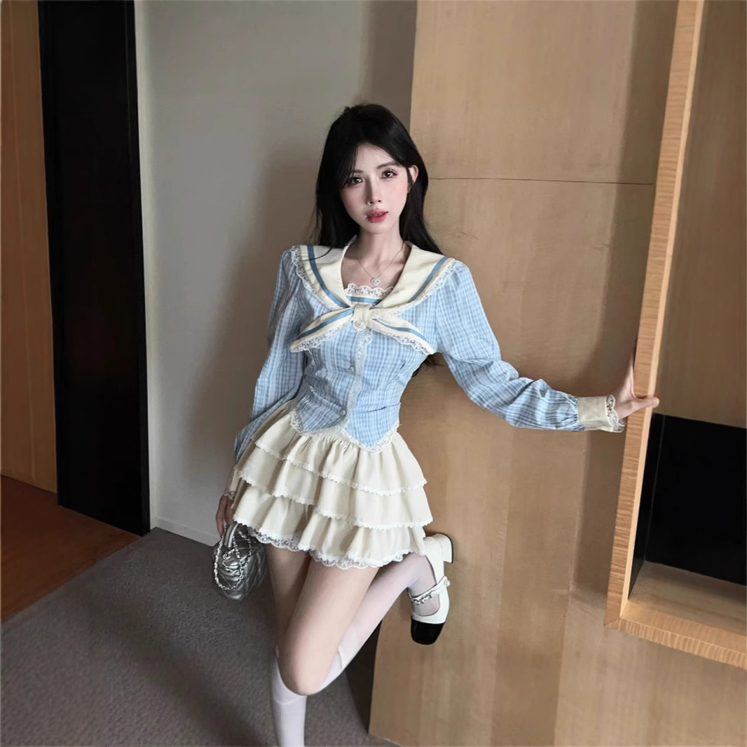 2024 봄 여름 우유 부서 착용 블루 스트라이프 JK 스타일 슬림 셔츠 케이크 투투 스커트 세트 여성