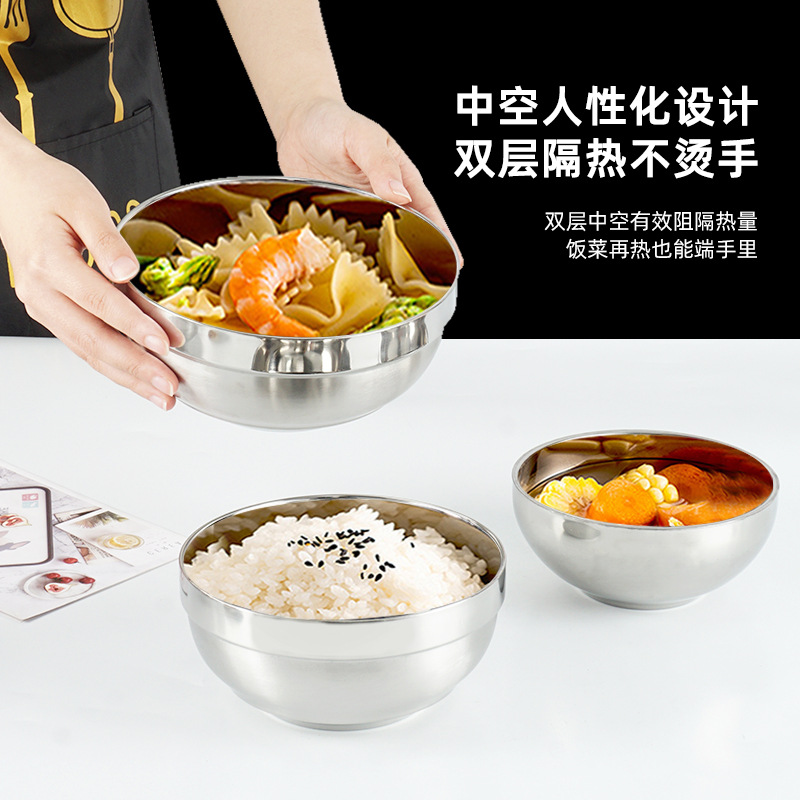 Cuenco de doble capa de acero inoxidable 304, cuenco de arroz grueso para cafetería escolar, cuenco para sopa con aislamiento térmico y anti-escaldaduras, cuenco de platino grabado de calidad alimentaria.