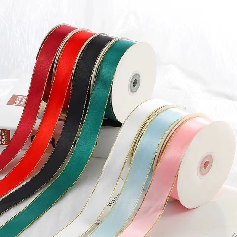 2.5cm双面金边丝带鲜花花束diy礼物蛋糕包装彩带螺纹带花店用花材