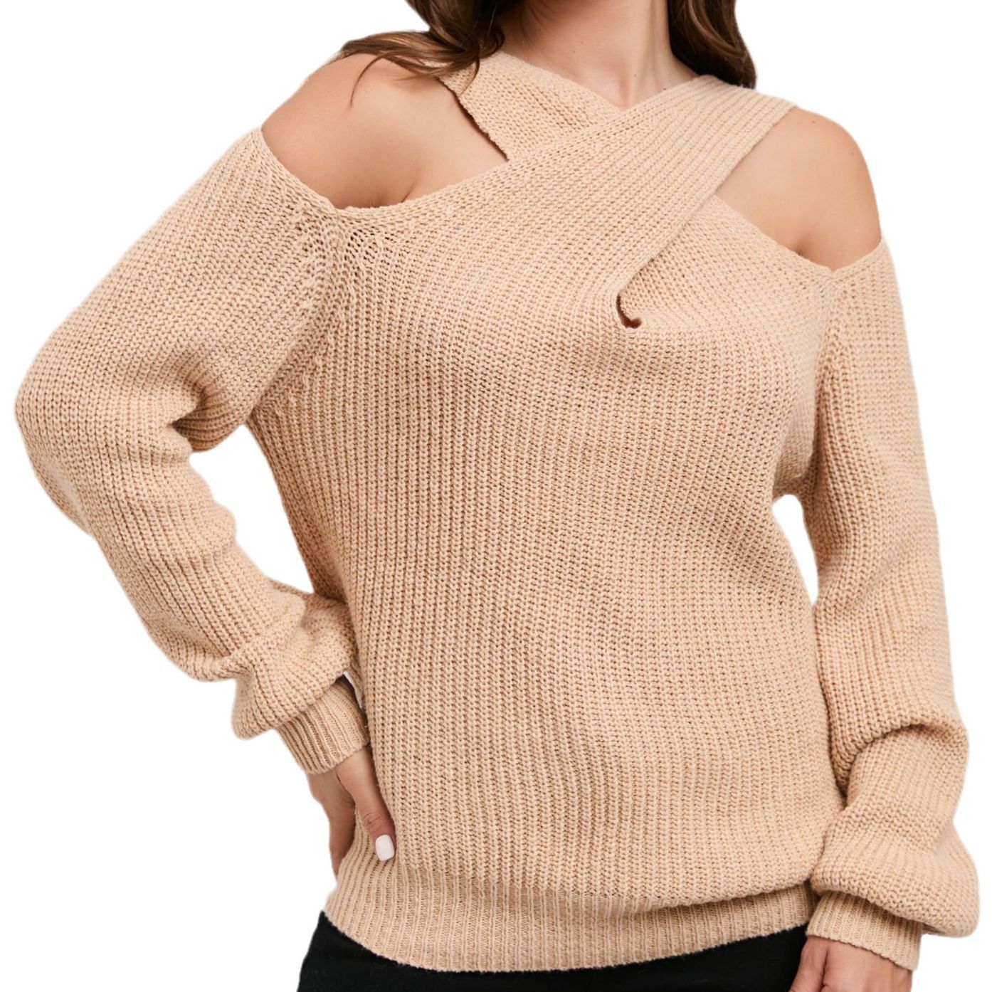 2023 nuevo Amazon primavera y otoño color sólido fuera del hombro Cruz Halter linterna manga suéter para mujeres