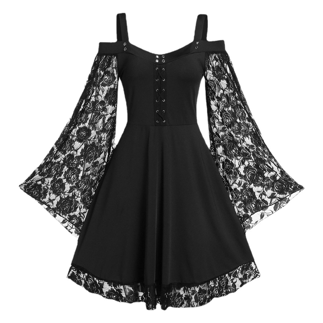 Europe and the United States shoulder horn sleeve lace stitching literary retro dress women's casual skirt a generation of hair