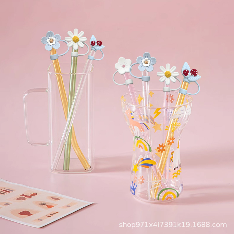 Amazon venta caliente de silicona tapón de paja flor de paja sombrero de polvo de grado alimenticio antiincrustación ecológica sombrero de paja decoración