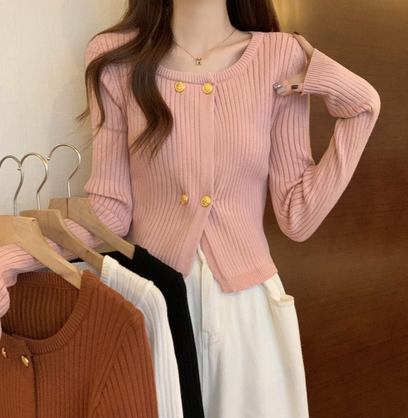 【中国直邮】茵如澜 复古方领秋冬新款小众百搭修身针织开衫 白色