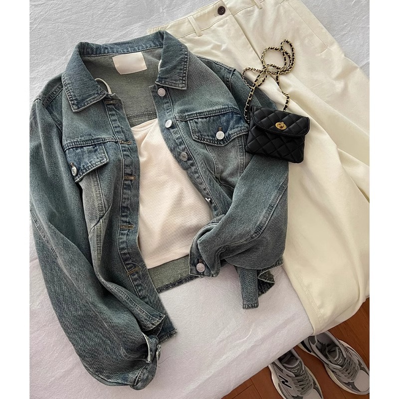 Women's Clothing Vintage Blue Lapel Denim Coat Women's Early Spring Loose All-match Hong Kong-style Jacket Short Top_voghion.com