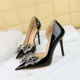 638-H18 Style Banquet High Heels Shallow Toe Lacquer Leather Fine Heels Ultra High Heels Rhinestone Bow Tie Single Shoe