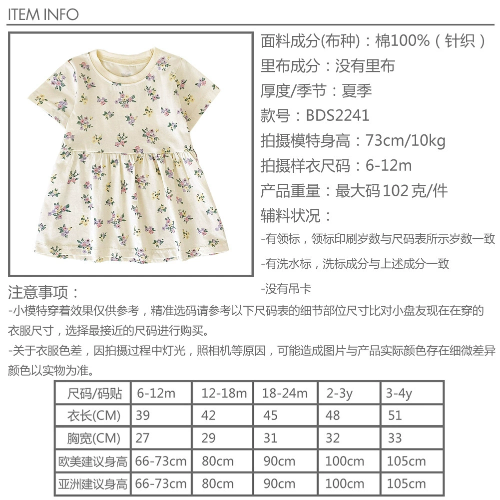 Платье для девочек韩版纯棉婴儿衣服碎花儿童宝宝裙子ins风婴童服装夏季