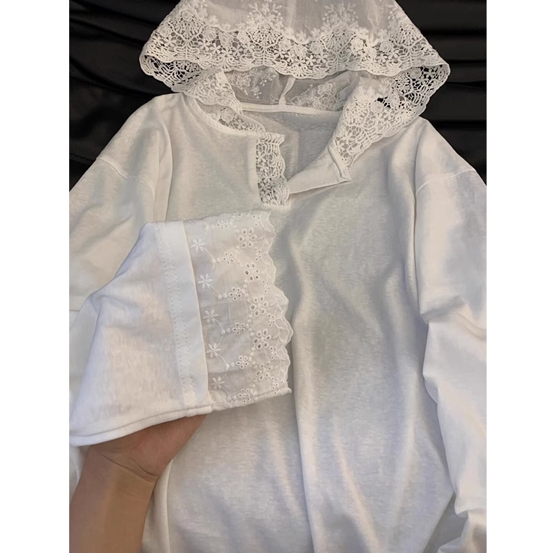 【26支棉】美式高街拼接蕾丝花边连帽长袖t恤女宽松设计感小众