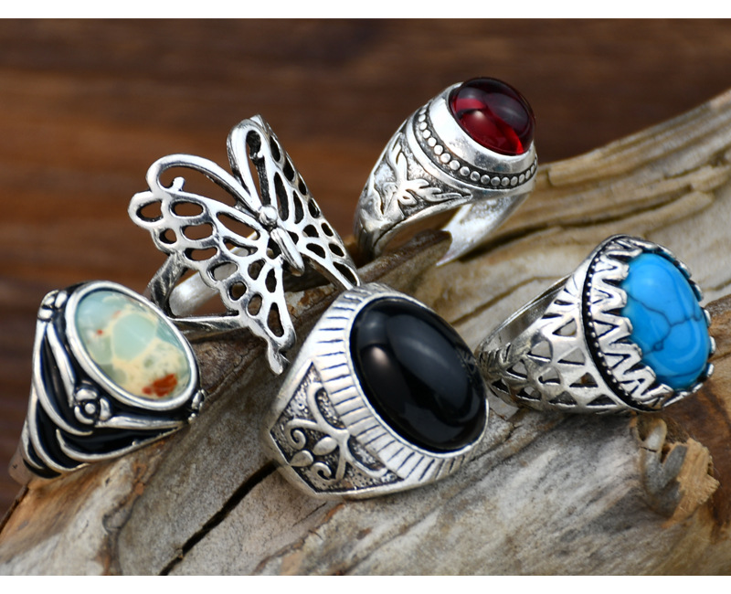 Retro Ethnic Style Oval Butterfly Alloy Plating Inlay Resin Women's Rings display picture 4