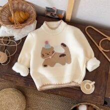 一件代发女童毛衣一体绒秋冬季新款卡通加厚宝宝毛衣圆领儿童上衣