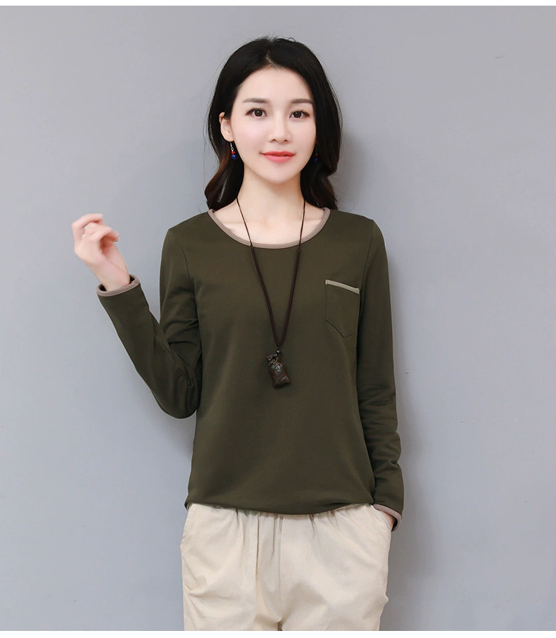 Сплошная минималистская футболка с длинными рукавами, свободная осенняя одежда, новый повседневный тонкий топ с круглым вырезом, футболка среднего возраста 6657