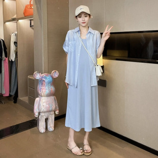 Maternity Summer Dress Suit, Fashionable Short-Sleeved Sun Protection Shirt, Suspender Skirt, Two-Piece Set, Holiday Style, Loose and Casual