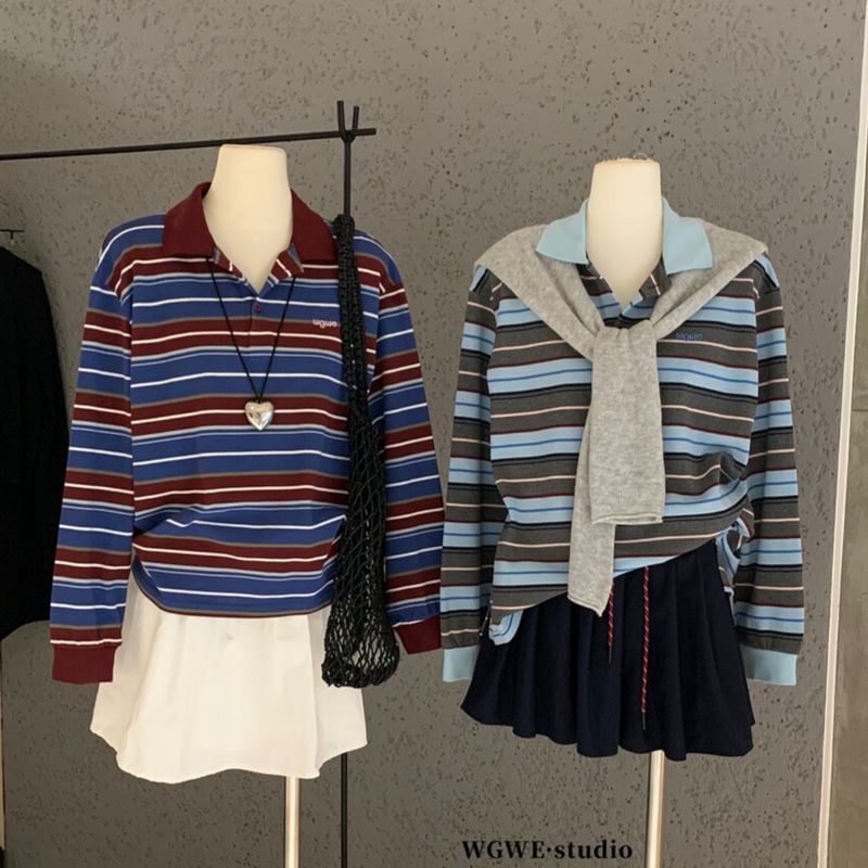 Clearance, No Returns or Exchanges, Autumn Clothing, American Retro Niche Letter Embroidery, Color-Blocked Striped Polo Collar Long-Sleeve T-Shirt W6796