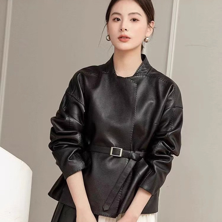 Slim Autumn Leather Jacket Hong Kong Style Small Fragrance Spring Retro Small Stylish Short Leather Jacket for Women Trendy