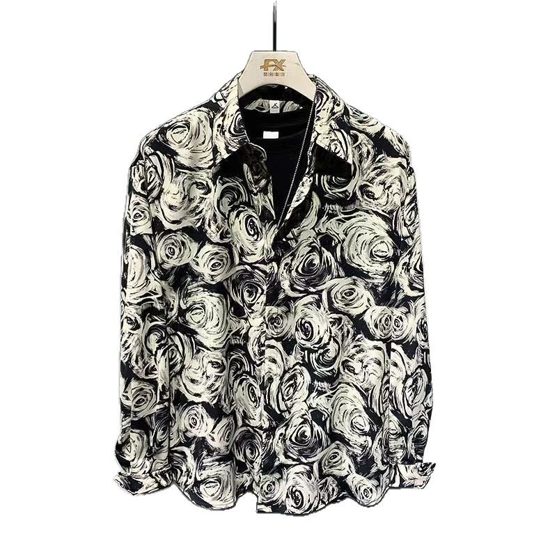 Hong Kong Style Men's Long Sleeve Lapel Floral Shirt 2025 Spring and Autumn New Fashionable Personalized Casual Shirt for Young People