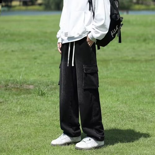 Cotton Smoke Grey Workwear Jeans Men's Spring and Autumn Season Floor-Length Straight Leg Long Pants with Multiple Pockets Vibe Pants