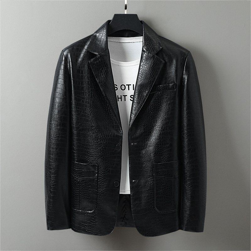 European Size Spring and Autumn New Alligator Leather Jacket Men's Suit Collar Leather Jacket Young and Middle-aged Suit Leather Jacket Leather Jacket Suit Men's Suit