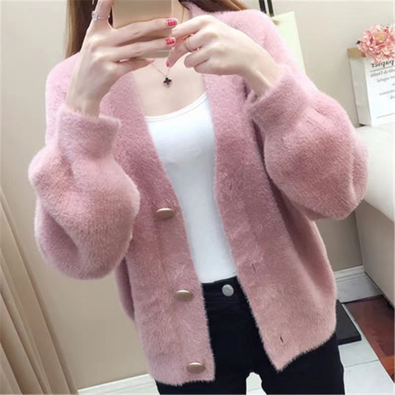 2023 otoño y el invierno nuevo estilo coreano Faux visón terciopelo punto cardigan abrigo suéter de las mujeres corto flojo exterior superior