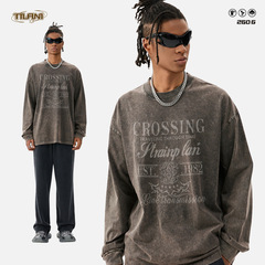 TILANI men's high street trendy brand letter printing versatile long-sleeved tee retro old loose version men's and women's tops