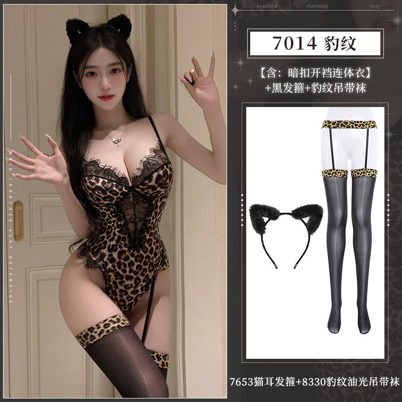 ◆멋진 시간을 사냥하다◆호피무늬 [숨겨진 단추가 달린 가랑이 없는 점프수트] + 검은색 머리띠 + 호피무늬 서스펜더 스타킹