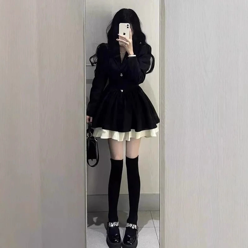 Элегантный черный костюм с круглыми девушками, французское платье-пачка, женское осеннее приталенное платье-пачка с талией больших размеров