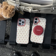 マグネット式両面赤水玉柄スマホケース Apple 17/16/15PRO フィルムスタンド iPhone14/13対応