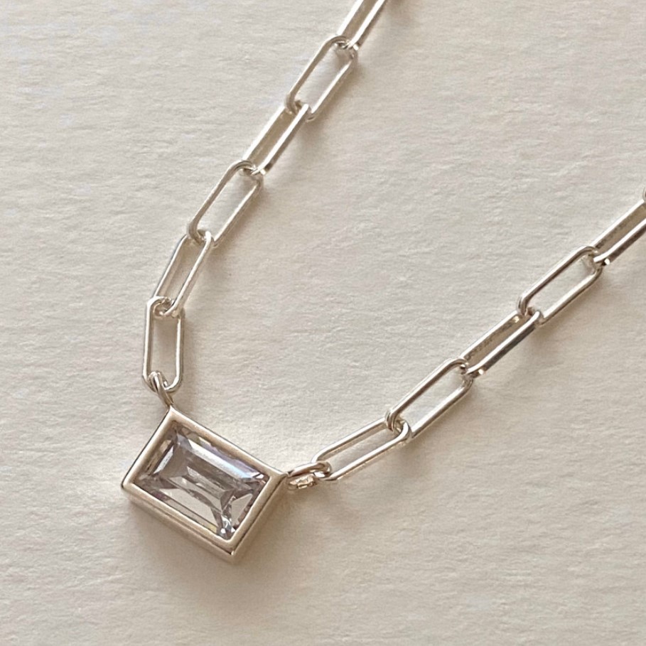 All Seasons Season Women's Gender 925 Sterling Silver Zircon Paperclip Chain Inlay Rectangle Necklace