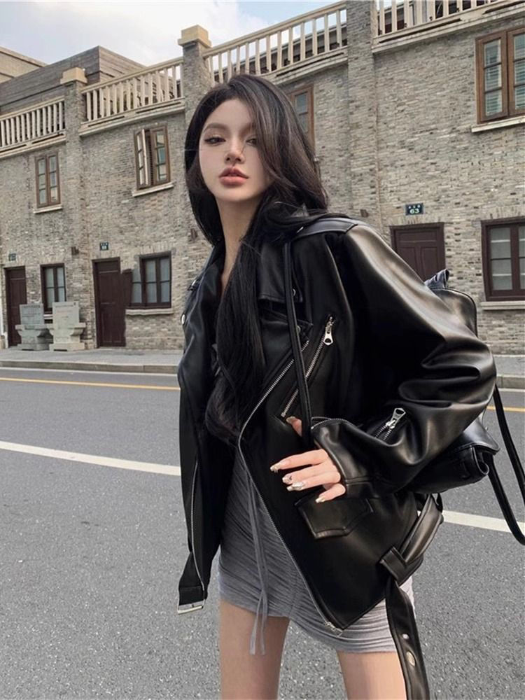 American High-End Fashion Leather Jacket for Women 2025 New Spring & Fall Street Style Motorcycle Leather Jacket Top Trendy