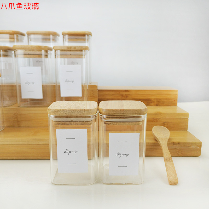 亚马逊高硼硅方形玻璃储物茶叶厨房收纳竹木密封罐大容量罐头