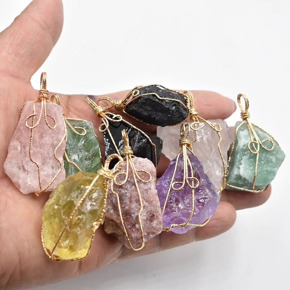 Collier Pendentif Pierre Naturelle Irrégulière Fil Métallique_voghion.com