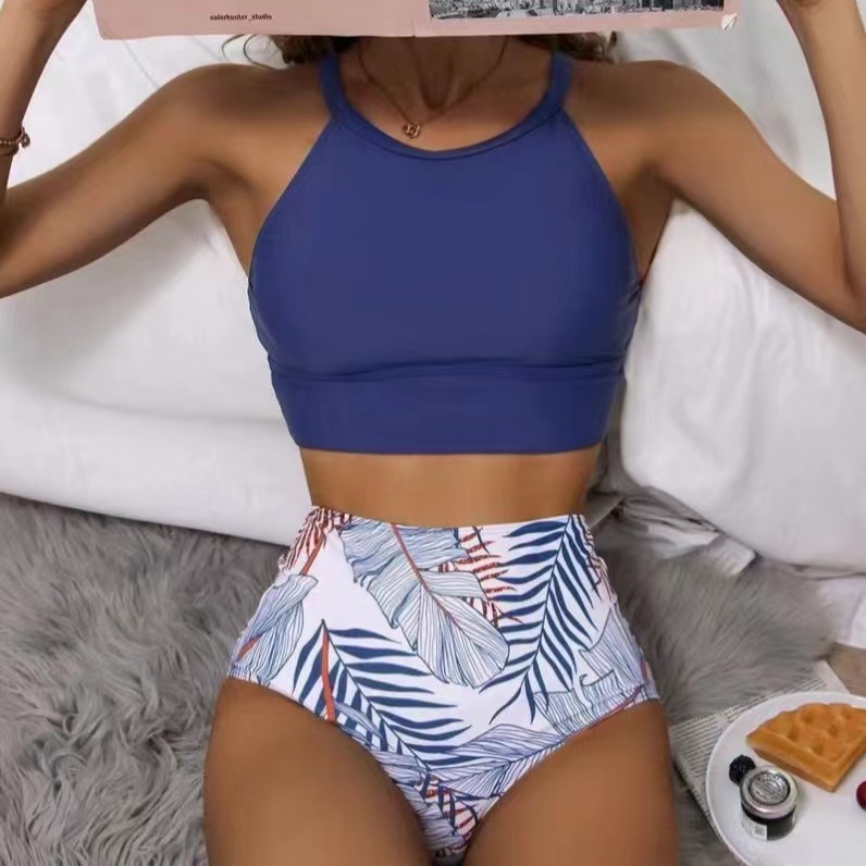 Women's Sexy High-Waisted Two-Piece Bikini Swimsuit High Neck Tie-Detail Abstract Print Polyester Nylon Regular Fit For Spring/Summer_ecoleips.com