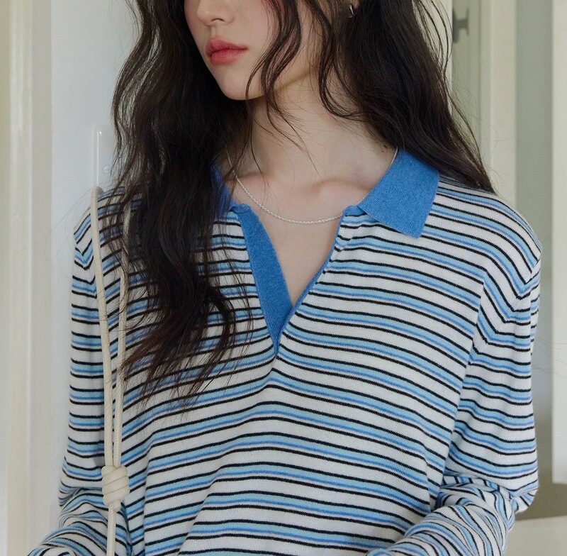1313撞色polo翻领蓝白条套头羊毛针织衫2025女秋层次感宽松薄毛衣|undefined
