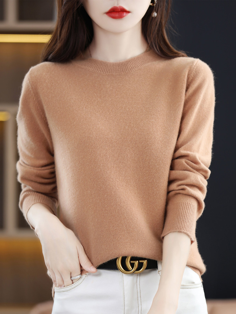 Nuevo otoño temprano cuello redondo 100 suéter de lana de las mujeres de moda simple flojo adelgazar punto manga larga que basa la camisa suéter de las mujeres