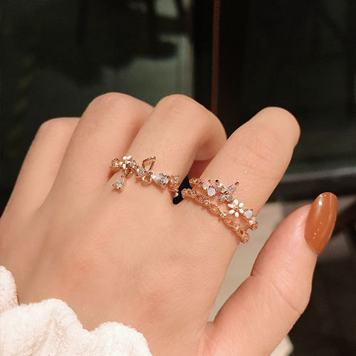 Korean style diamond flower open ring flower fairy super fairy temperament beautiful ins trendy adjustable index finger ring