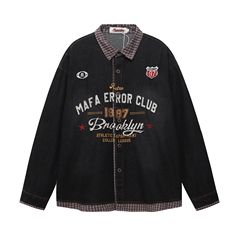 潮牌拼接假两件字母刺绣长袖牛仔衬衫男女秋季宽松情侣衬衣外套