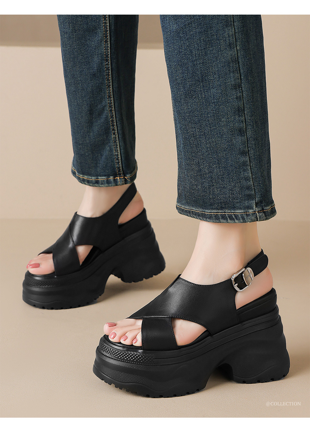 Sandal nữ da bò cao gót 12cm đế xuồng tăng chiều cao mùa hè — màu đen, màu trắng ngà chi tiết 2