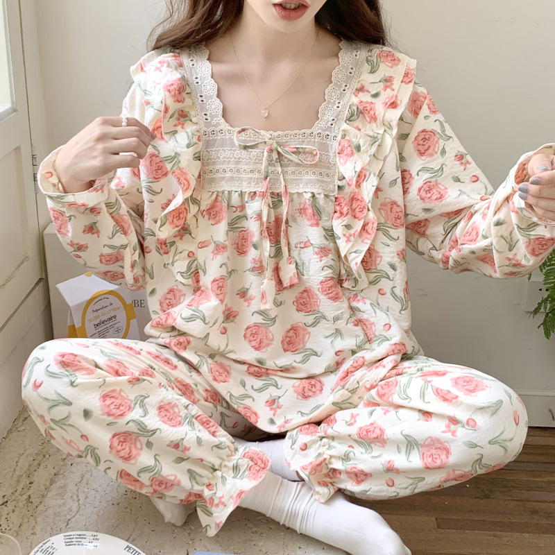 Pequeño floral Rosa otoño y el invierno nuevo pijamas de las mujeres tejidas algodón fresco manga larga dulce encaje hogar desgaste traje