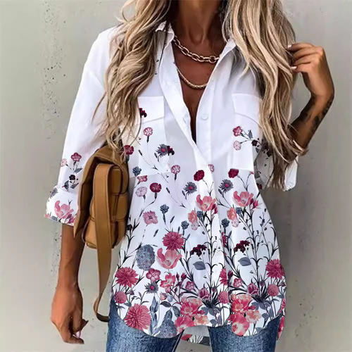 2025 Season Independent Station Amazon Bestseller Collared Mini Fresh Digital Print Cuff Button-up Shirt