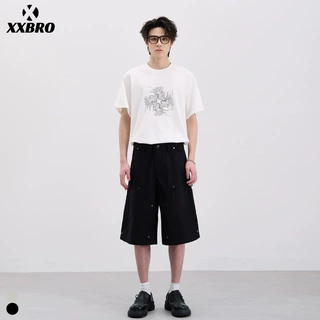 沐希服装 夏季潮牌复古拼接铆钉设计感伐木裤七分裤休闲短裤男士