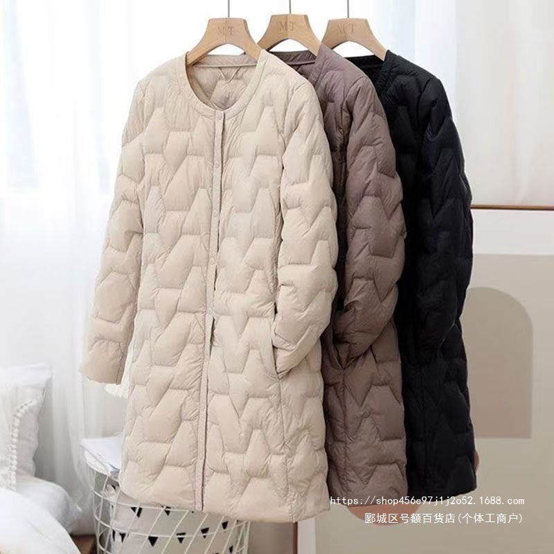 2026 autumn/winter new lightweight down jacket for women, mid-length, collarless, with inner lining, plus size, round neck, slim fit, trendy