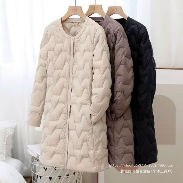 2026 autumn/winter new lightweight down jacket for women, mid-length, collarless, with inner lining, plus size, round neck, slim fit, trendy