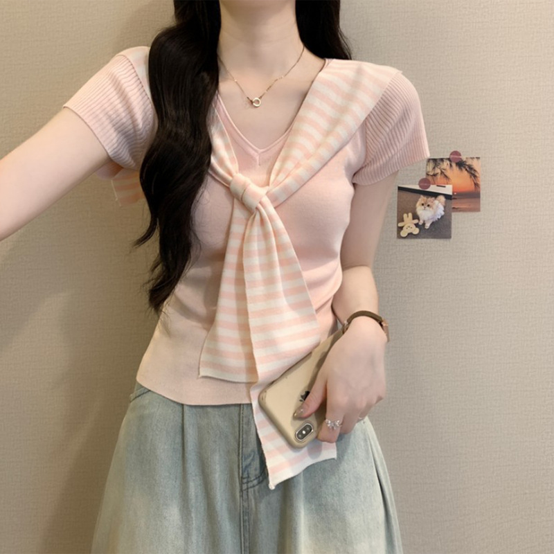 ピンクショール半袖トップス女性初夏ドーパミン明るいユニークな美しいootd着用純粋なピンチウエストTシャツ|undefined