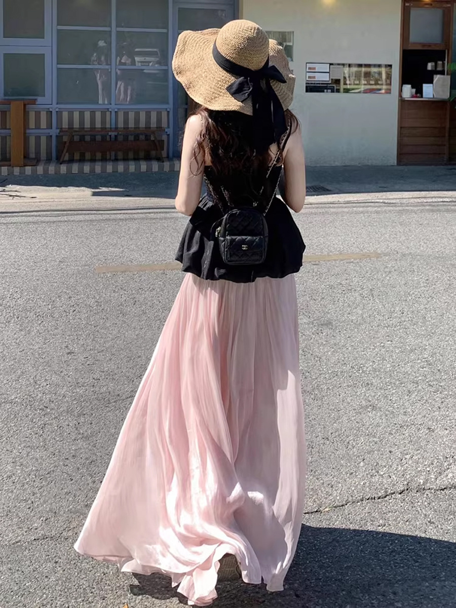 Chân váy dài satin nữ xòe nhẹ phong cách streamer — màu đen, màu hồng, màu tím, màu trắng chi tiết 4