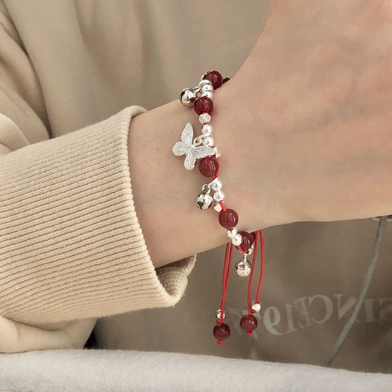 Imitation Red Agate Crushed Silver Butterfly Bell Bracelet for Women, Red String Woven Good Luck Zodiac Year Bracelet, Versatile for Couples, Girlfriend