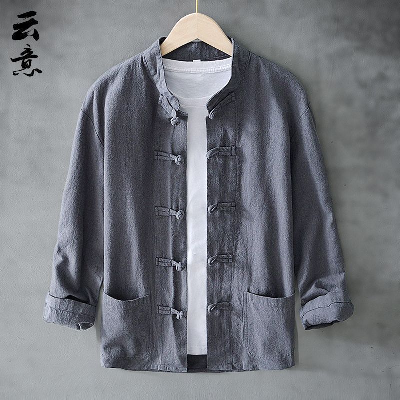 Spring and Autumn Chinese Style Ramie Tang Suit Men's Clothing Loose Retro Style Chinese Style Cotton Linen Jacket with Frog Buttons