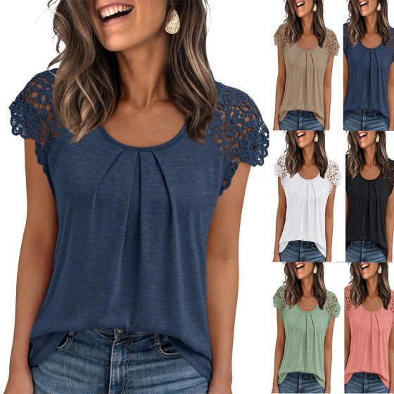 Amazon cross-border 2025 summer women's European and American new women's lace sleeve hollow short sleeve round neck loose T-shirt